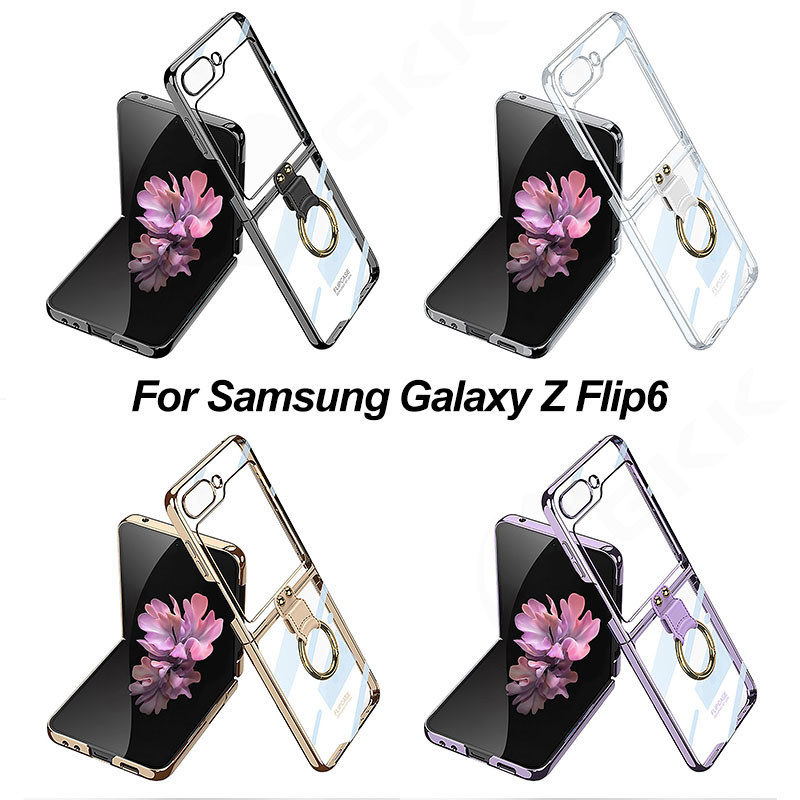 LUKEN เคสต้นฉบับสําหรับ Samsung Galaxy Z Flip 6 LUKEN ชุบผู้ถือแหวนใสฝาครอบป้องกันแบบแข็งสําหรับ Gal