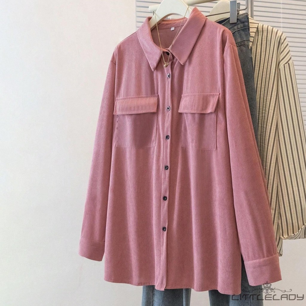 LTL-ผู้หญิงขนาดบวกแขนยาวลําลองปกคอปุ่มลงสีทึบเสื้อฤดูใบไม้ร่วง