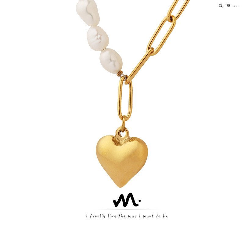 สร้อยคอโซ่น้ําจืด Niche Cold Clavicle CHAIN Baroque Pearl Peach Heart Design ยุโรปอเมริกัน P691ins ส