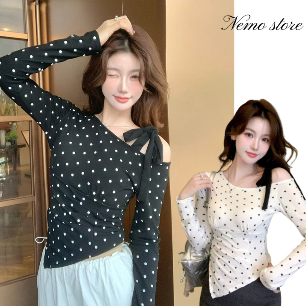 FY5582 เสื้อยืดแขนยาว ดีเทลแต่งเพิ่มเปิดไหล่ ลายจุด เสริมฟองน้ำใส่สบาย