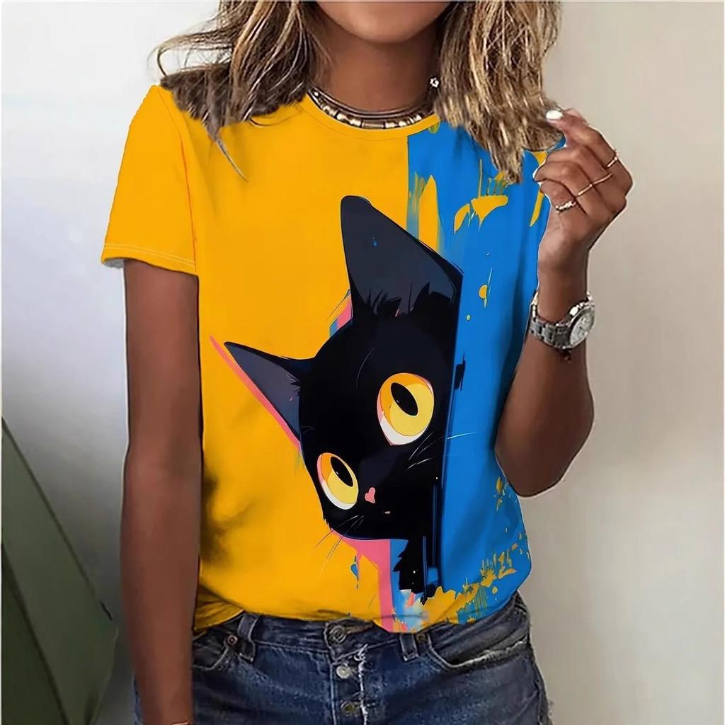 เสื้อยืดผู้หญิงพิมพ์ลาย 3D สัตว์น่ารักแมว ในสไตล์ STREETWEAR ยุค Y2K แขนสั้นรอบคอ