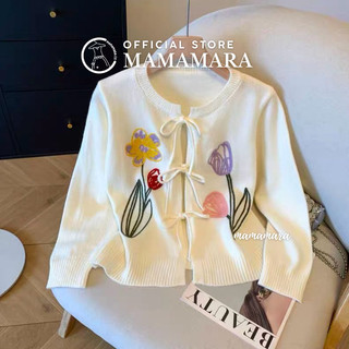 MAMAMARA - Cardigan Rajut Outer Bordir Bunga Tulip Tali Pita Knitwear