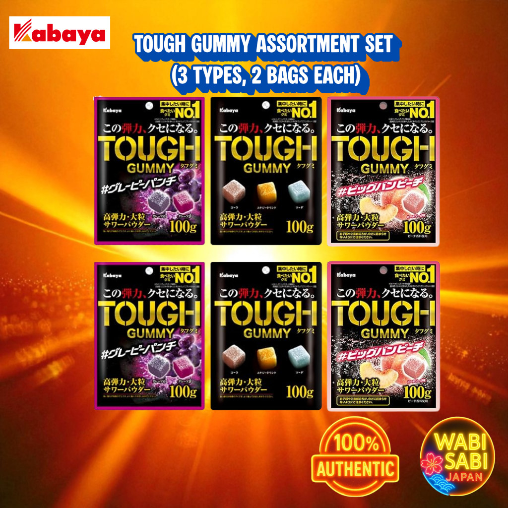Kabaya Tough Gummy Assortment 3 Flavors x 2 Bags Each – Cola, Soda & Peach