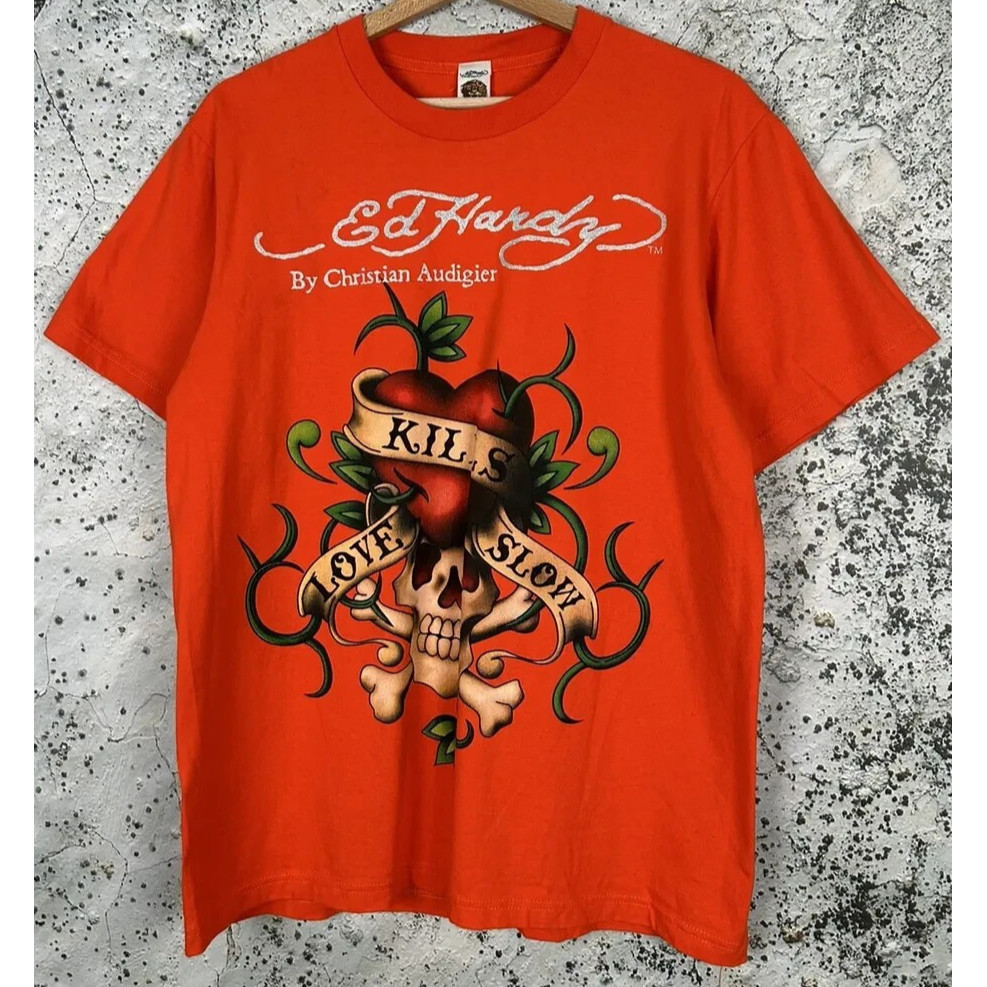 Ed hardy 100% Cotton Rock Retro แขนสั้นพิมพ์อเนกประสงค์ผู้ชายผู้หญิงสไตล์เดียวกันพร้อมสต็อก