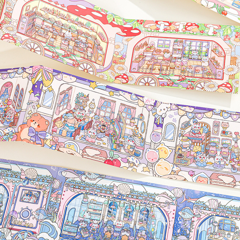 WEI 4 ชิ้น [Zoo Small Class Time Train Series] Forest Spirit Market Mountain Wild เห็ดกระต่าย 3D ภูมิทัศน์สติกเกอร์กันน้ําพับได้สําหรับ Scrapbooking
