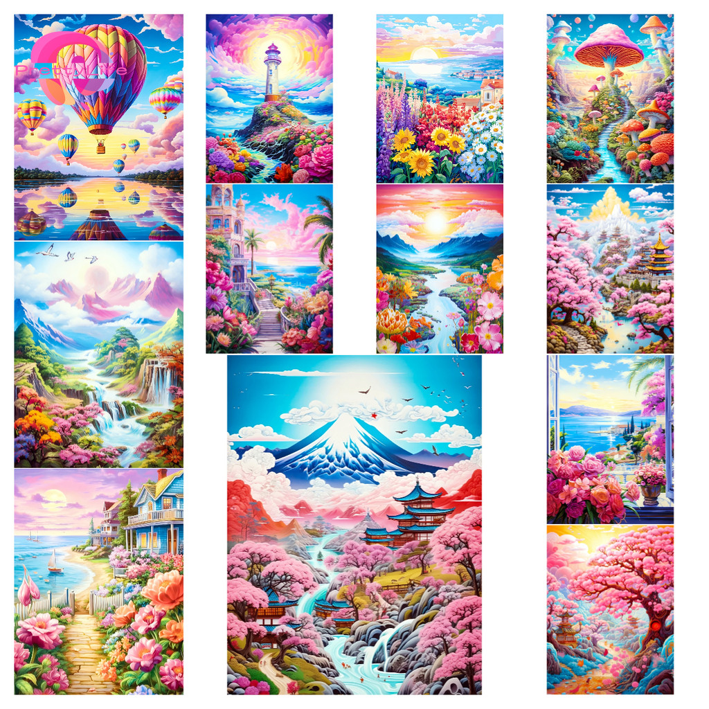 PLlandscape 5D DIY ภาพวาดเพชร/ภาพสีน้ํามันดิจิตอลคริสตัลปักครอสติสเพชรเต็มโมเสคเพชรชุดเย็บปักถักร้อย Rhinestone ตกแต่งบ้าน