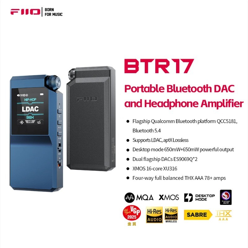 FiiO BTR17 หูฟัง Amp Bluetooth 5.4 ตัวรับสัญญาณพร้อม LDAC/aptX Lossless รองรับ, Hi-Res Portable DAC 