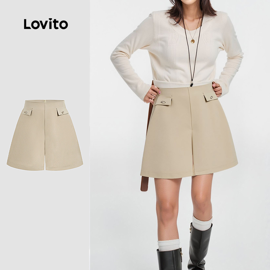 Lovito กางเกงขาสั้นหญิงแฟชั่นปลอมกระเป๋า ฤดูใบไม้ผลิ/ฤดูร้อน  L143ED856