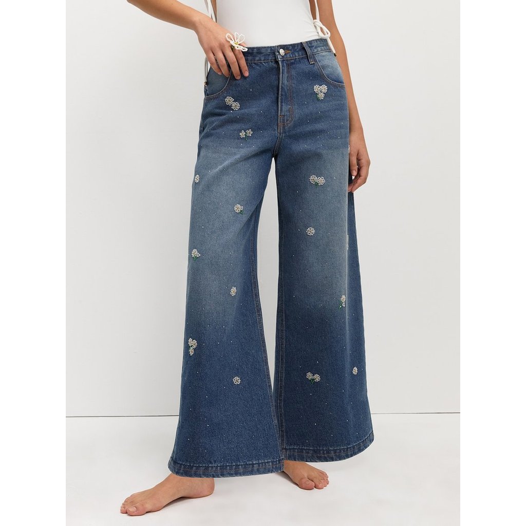 [Pomelo] กางเกงยีนส์ขากว้างปักลูกปัด / Bead Embroidery Wide Leg Jeans