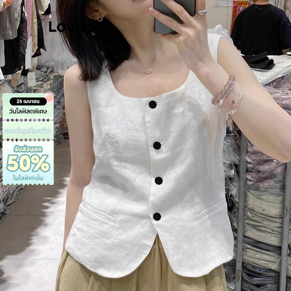 Lovito เสื้อแขนกุดผู้หญิง แต่งกระดุม สีพื้น สไตล์ลำลอง LNE39100 (สีขาว/สีดำ)