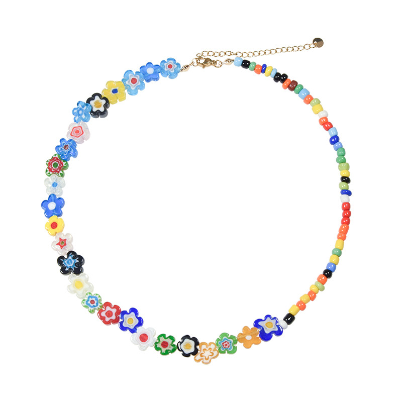 AWE ของแท้อย่างเป็นทางการ Dilireba Star สไตล์เดียวกันเคลือบดอกไม้เย็บสร้อยคอลูกปัดสีสันสดใสโซ่กระดูก