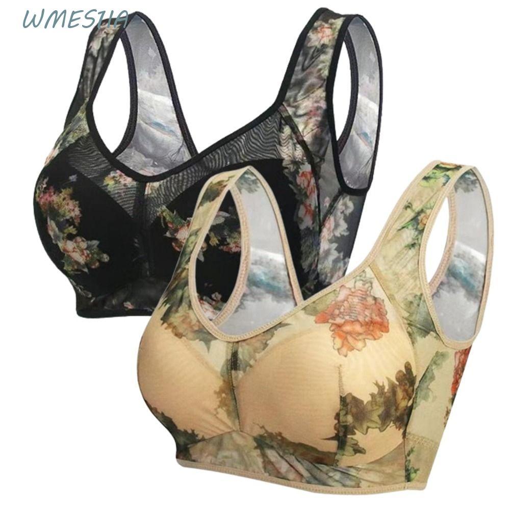WMES1 ฤดูร้อน Bra, Plus ขนาด Buttonless ลูกไม้ชุดชั้นในสตรี,ดอกไม้ลูกไม้ Breathable ไร้สาย M-3XL พิมพ์ดอกไม้ชุดชั้นในอาวุโส