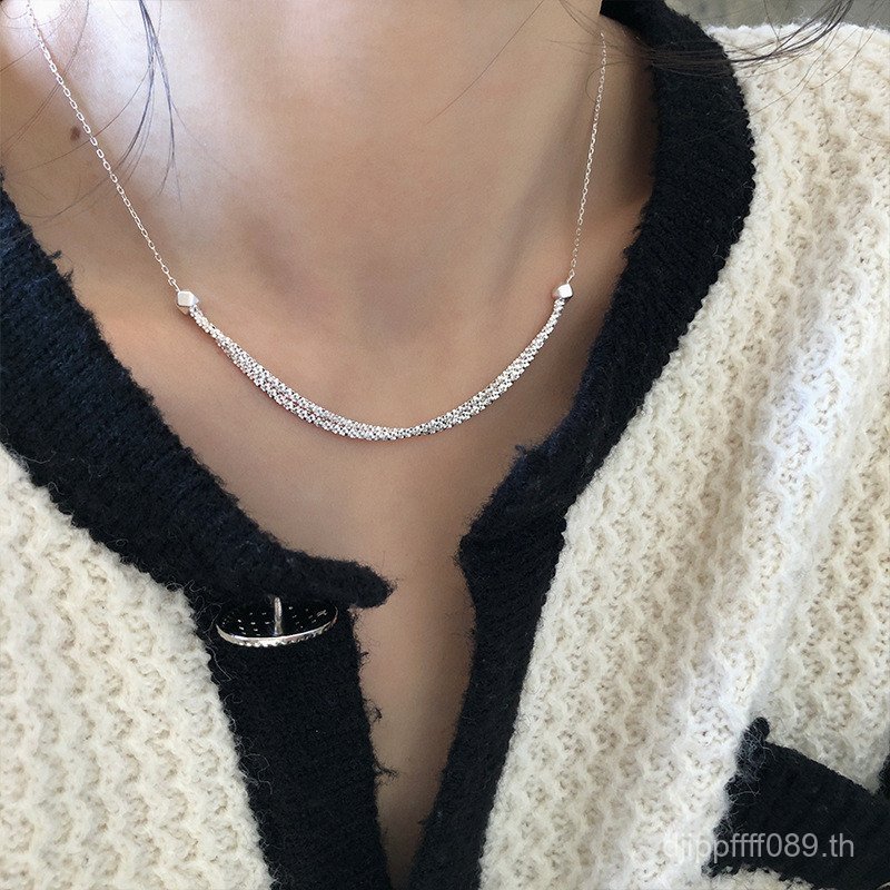 สร้อยคอ เงินหัก Simple Smile Sparkling Clavicle Niche Simple S925 Silver All-Match Double-Layer Plai
