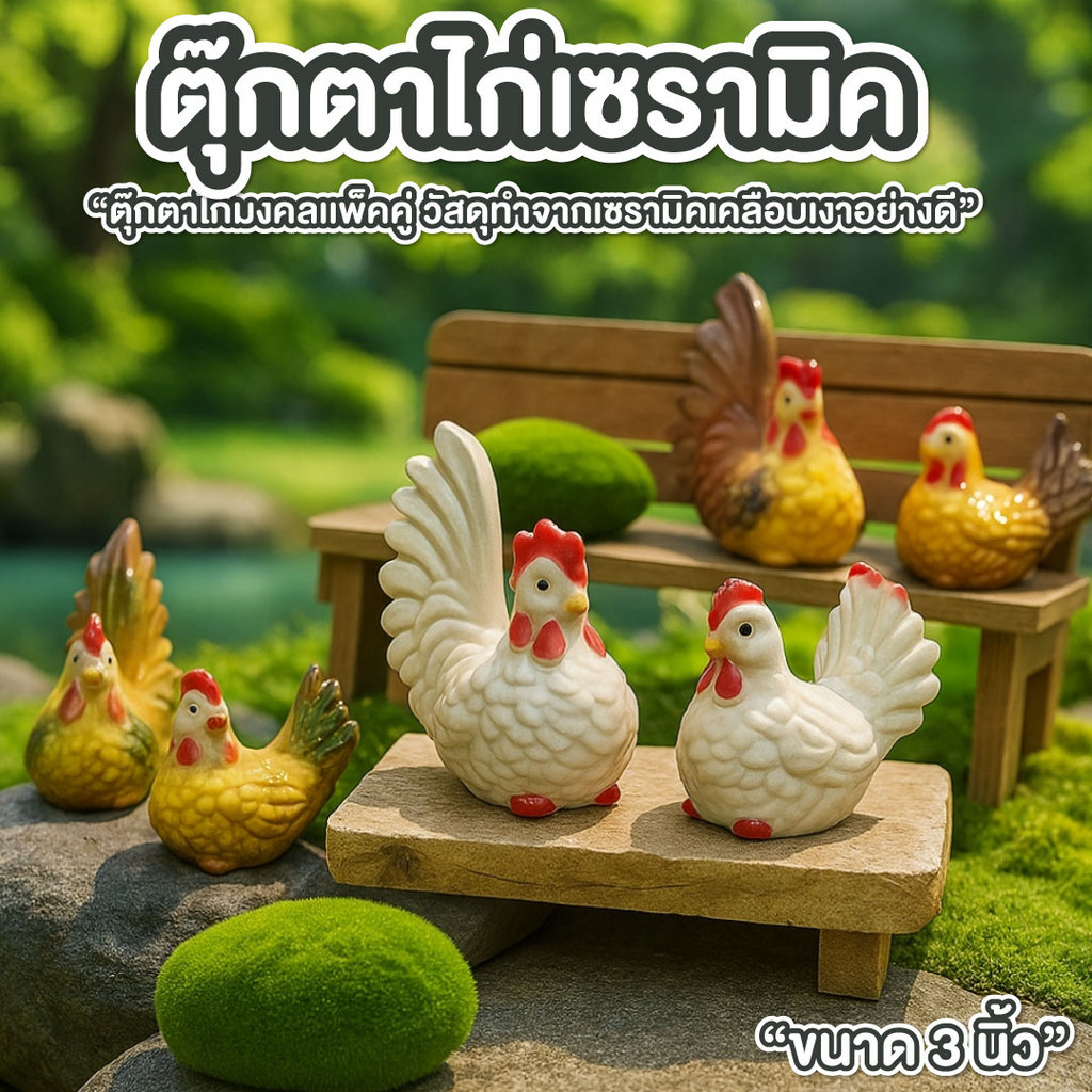 ตุ๊กตาไก่ ตุ๊กตา เซรามิก แต่งบ้าน แต่งสวน ไก่ต๊อกคู่มงคล 1 ชุด ได้ 2 ตัว ทนแดดทนฝน จัดสวนหย่อม