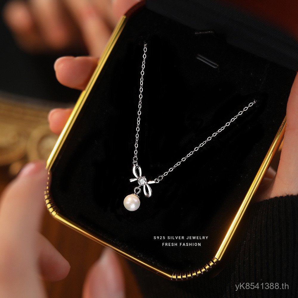 Bow Zircon s925 รอบลูกปัด High-End Niche Clavicle Chain Classy สร้อยคอ Retro เงินสเตอร์ลิงหญิงหรูหรา