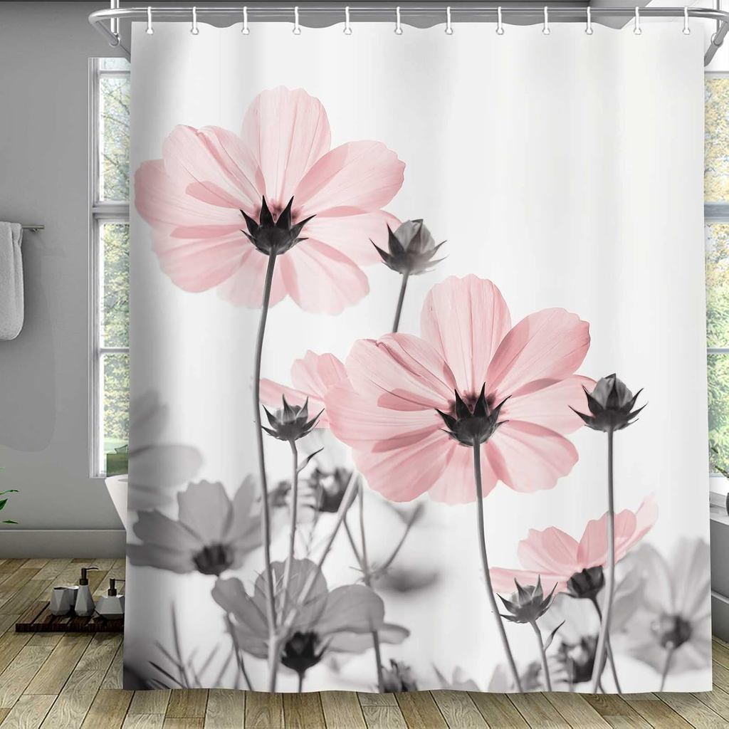 MERCHR Unique Floral Pink Shower Curtain for Bathroom Decor, Pink and Grey Daisy Flower Elegant Wild