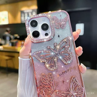 กันกระแทก iPhone ลายผีเสื้อปะดับคริสตัลทรงนูน พื้นผิวสีเงินแวววาว สำหรับ 17/15/14/13 Pro Max/Plus