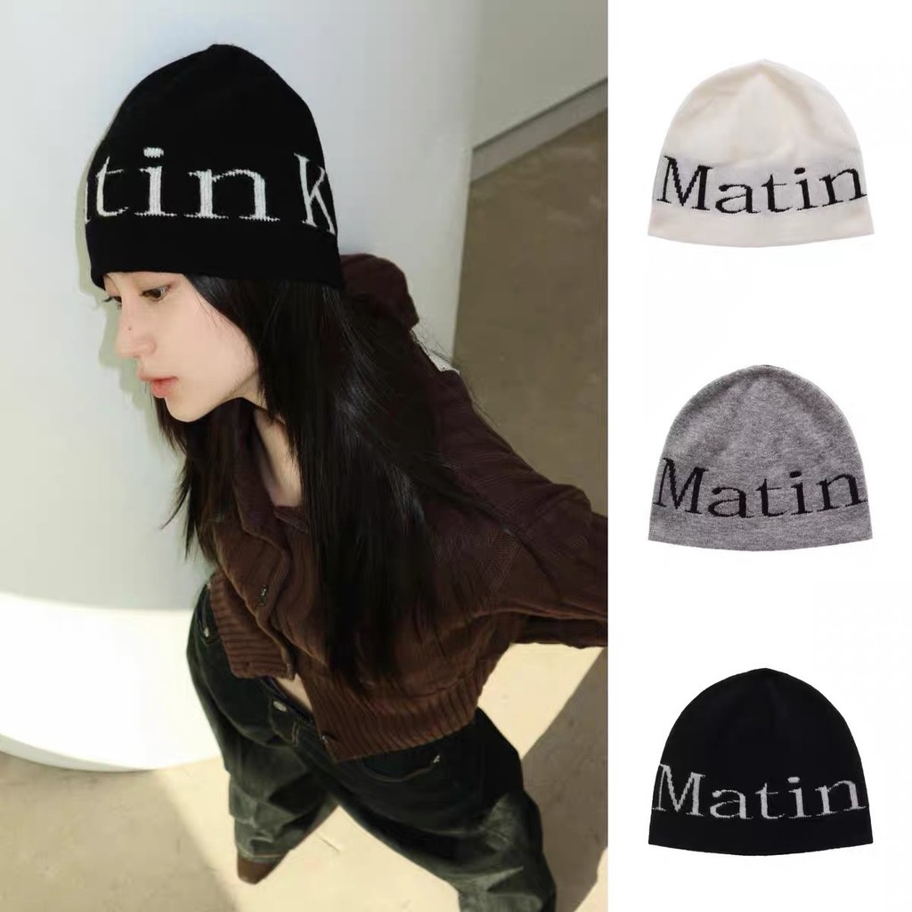 🚗พร้อมส่ง👚matin kim หมวกMKหมวกไหมพรมถักลายตัวอักษร