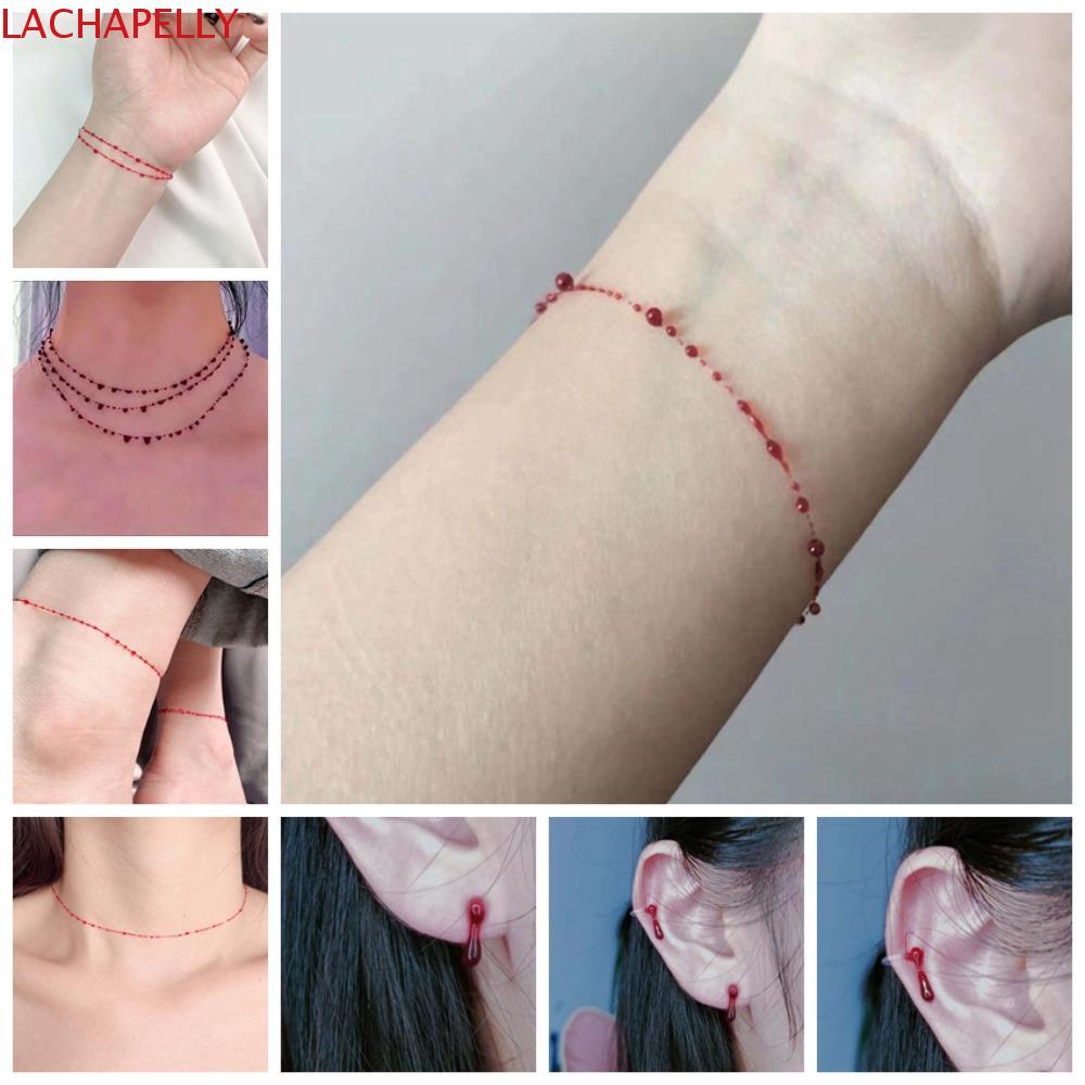 LACHAPELLY Gothic Blood Drop Necklace, Cross Necklace Red Color Gothic Blood Drop ต่างหู, คลิปหูข้อเ