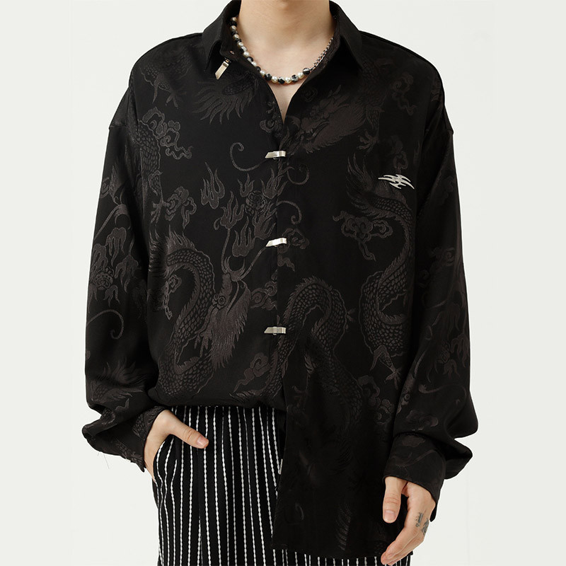 เสื้อเชิ๊ตแขนยาวพิมพ์ลายมังกร Jacquard สไตล์จีนสมัยใหม่ สีทึบ