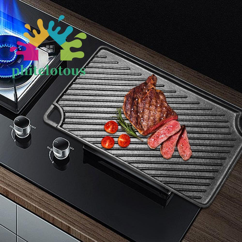 ❤ Phitelotous 16.5X9.5 นิ้วเหล็กหล่อแผ่นเหล็กย้อนกลับแผ่นย่าง Griddle Pan Skillet สําหรับแก๊สเตาตั้ง