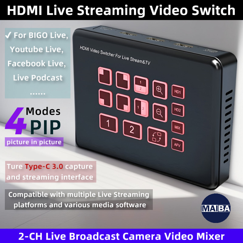 Dual HDMI Live Streaming Video Switch 2-CH Live Broadcast Camera Video Mixer Switcher USB-C Record w