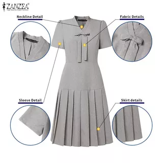 ZANZEA ผู้หญิงสํานักงานเกาหลี Elegant V คอพัฟแขน Bowknot Decor จีบ Hem Dresses
