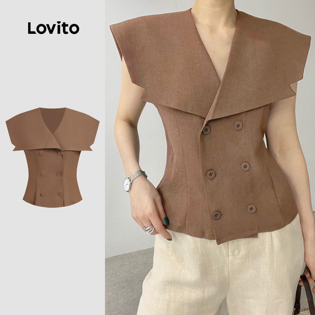 Lovito เสื้อเชิ้ตดีไซน์หรูหราด้วยกระดุมคู่ สไตล์ย้อนยุค ฤดูใบไม้ผลิ/ฤดูร้อน สีน้ำตาล สำหรับผู้หญิง L142ED696
