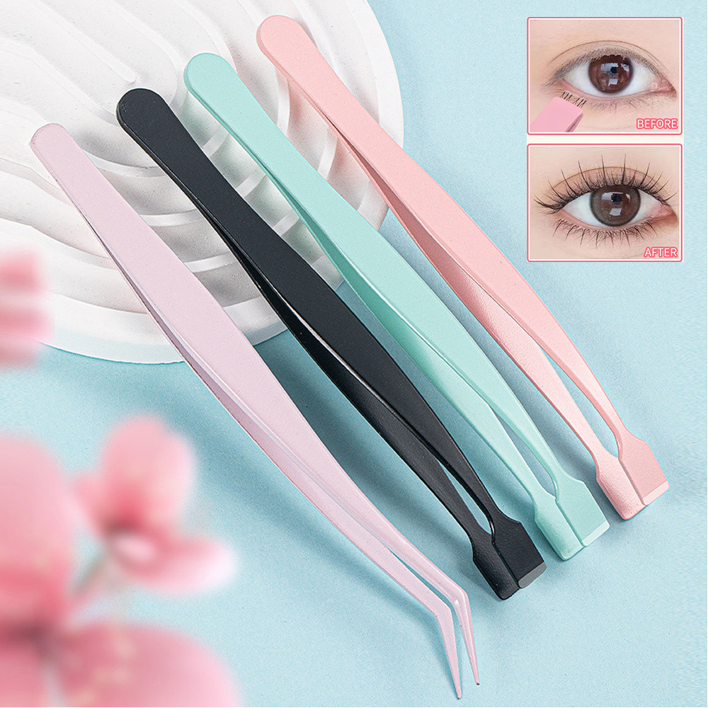 2 ชิ้น Eyelash Tweezer Eyelashes Pick Up คลิปชี้/แบนเครื่องมือแต่งหน้าสแตนเลส