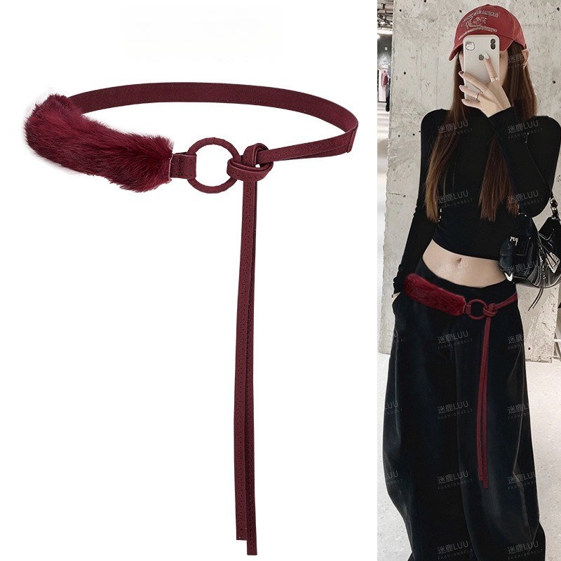 เข็มขัดสีแดงขนยาวสำหรับกางเกงยีนส์และกระโปรง