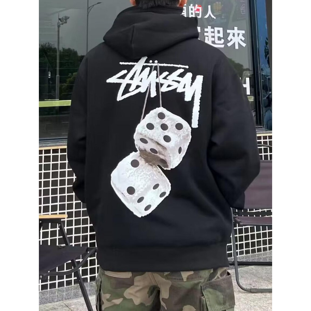 เสื้อกันหนาวมีฮู้ดพิมพ์ลายลูกเต๋าตุ๊กตา Stussy สําหรับผู้ชาย เสื้อฮู้ดโอเวอร์ไซส์ลําลองหลวม Stussy สําหรับผู้หญิงS-5XL
