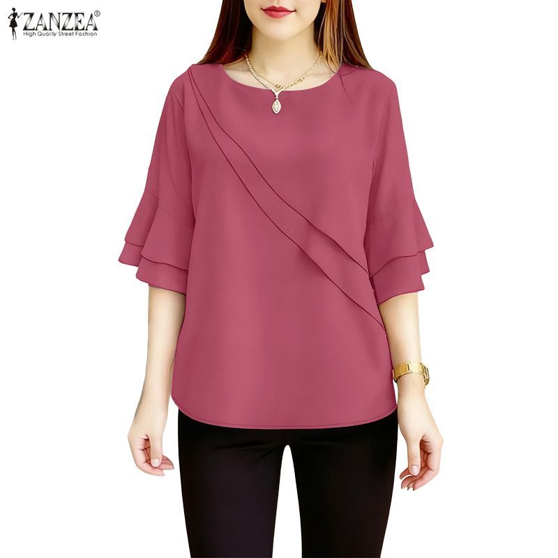 ZANZEA ซานเซีย เสื้อแขน 3/4 สไตล์เกาหลี ดีไซน์รอบคอดูเก๋สำหรับผู้หญิง
