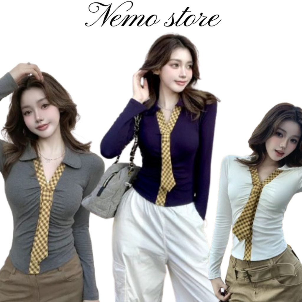 Nemo store🌸#FY5594 เสื้อแขนยาว คอปก ครอปสั้น สีพท้นเพิ่มเนคไท เสริมฟองน้ำ