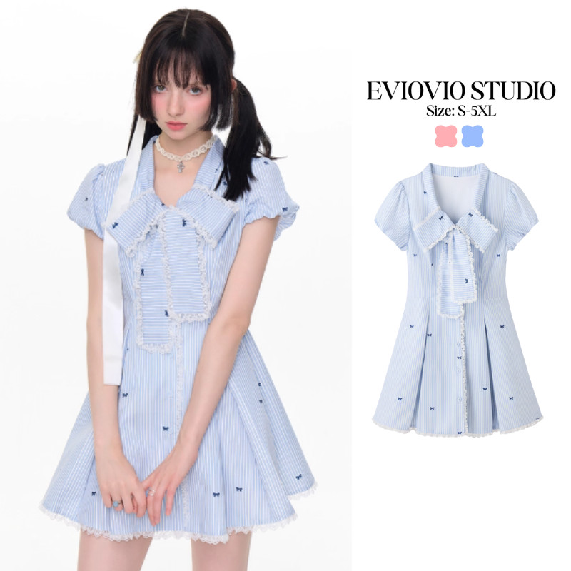 เดรสใหม่ 💗【EVIOVIO】เดรสสีหวาน ลายทาง แต่งโบว์ด้านหน้า ใส่ได้ในวันสบายๆ หรือไปเดท เดรสสาวพลัสไซซ์ เดรสสาวอวบพรางหุ่น😍