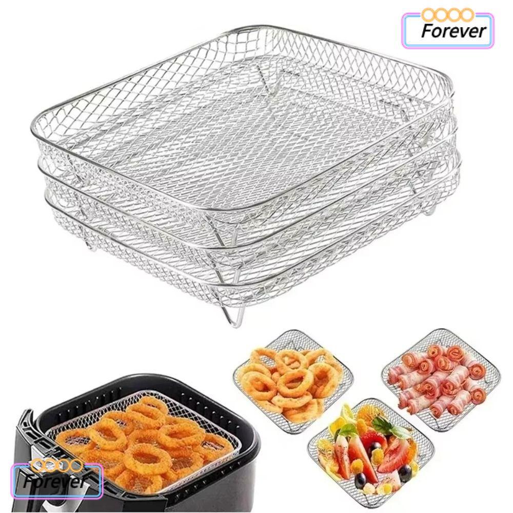 FOREVER ตะแกรงย่าง, ตะแกรงทอดอากาศแบบไม่ติดสแตนเลส, อุปกรณ์ครัวถาด Airfryer วางซ้อนกันได้