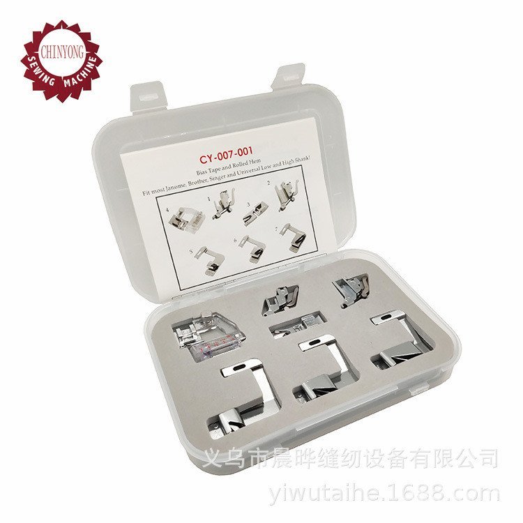 จักรเย็บผ้าในครัวเรือนจักรเย็บผ้า Curling EDGE ชุดขอบเจ็ดชิ้นชุด Presser เท้า CY-007-001 พร้อมชุด Pr