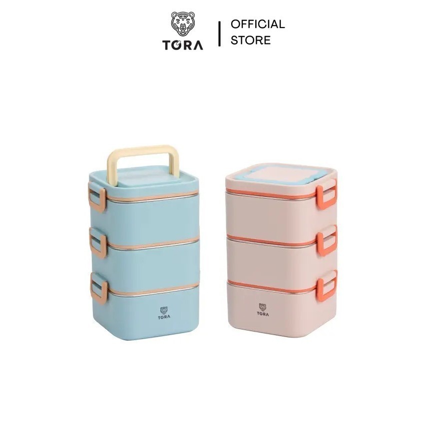 Tora ปิ่นโตสแตนเลสทรงเหลี่ยม SS 3 ชั้น ความจุ 2100 มล.