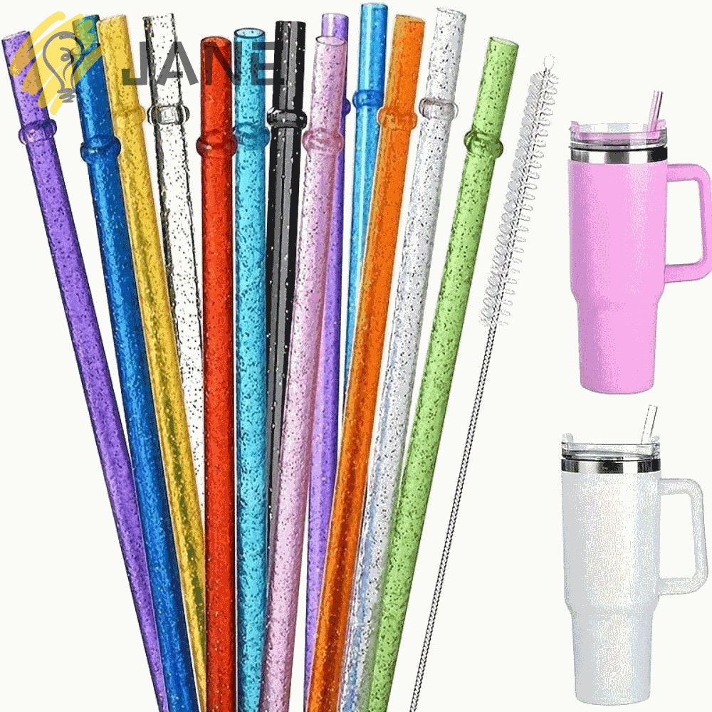 JANE 1PC ผงทองหลอดพลาสติก, รถ Travel Cup Straw Reusable Glitter Straw, ถ้วยอุปกรณ์เสริมพร้อมแปรงทําค