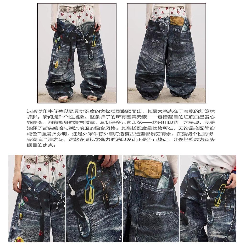 กางเกงยีนส์ผู้ชาย พิมพ์ลายกราฟฟิตี้ สไตล์สตรีท อเมริกัน สำหรับทุกคน - รูปที่ 3