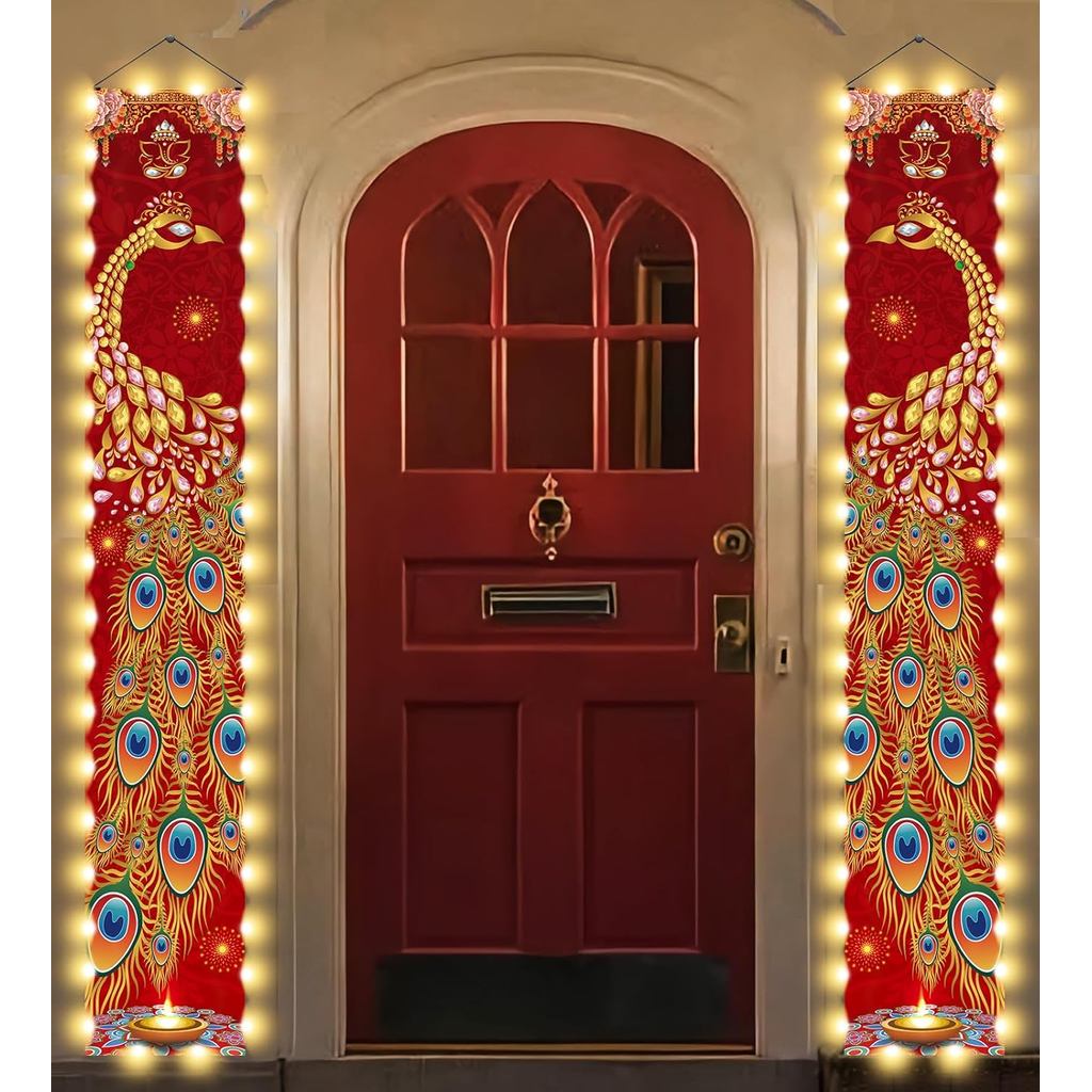 LED Diwali ระเบียงแบนเนอร์ Diwali ตกแต่งสําหรับบ้าน, Light Up นกยูงแขวนผนังแบนเนอร์ตกแต่ง Deepavali 