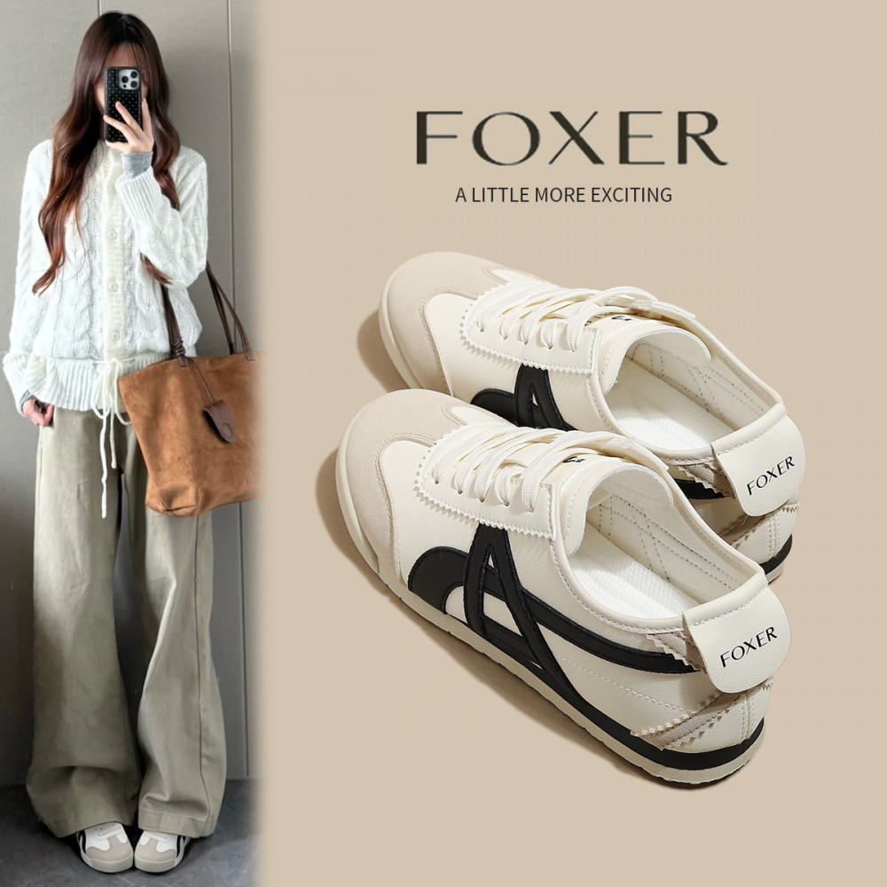 FOXER รองเท้าลำลองแบบแบนสำหรับสตรี สไตล์วินเทจ สบายต้านเชื้อแบคทีเรีย สีขาวและสีดำ