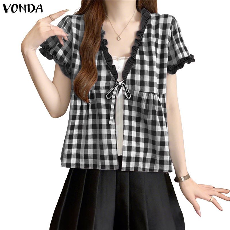 VONDA เสื้อเบลาส์สไตล์เกาหลี girly ลายตาราง ปุ่มเชื่อมติดแบบ lace-up