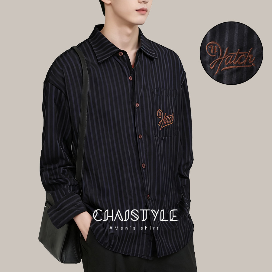 Chaistyle เสื้อเชิ้ตผู้ชาย แฟชั่น เสื้อแขนยาวปกตั้ง ผ่อนคลาย ลายทาง เสื้อแขนสั้น