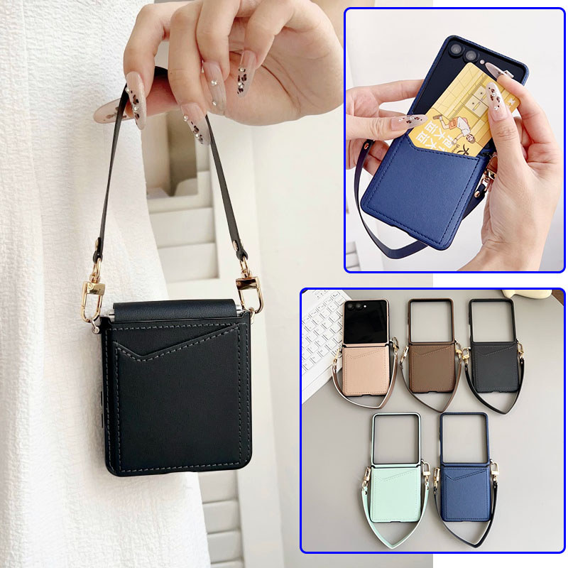 SAMSUNG หรูหราหนังผู้ถือบัตรสล็อตสายรัดข้อมือสําหรับSamsung Galaxy Z Flip 7 Flip 7FE Z Flip 6 Z Flip 5 Z Flip 4 กระเป๋าสตางค์เชือกเส้นเล็กสีทึบ