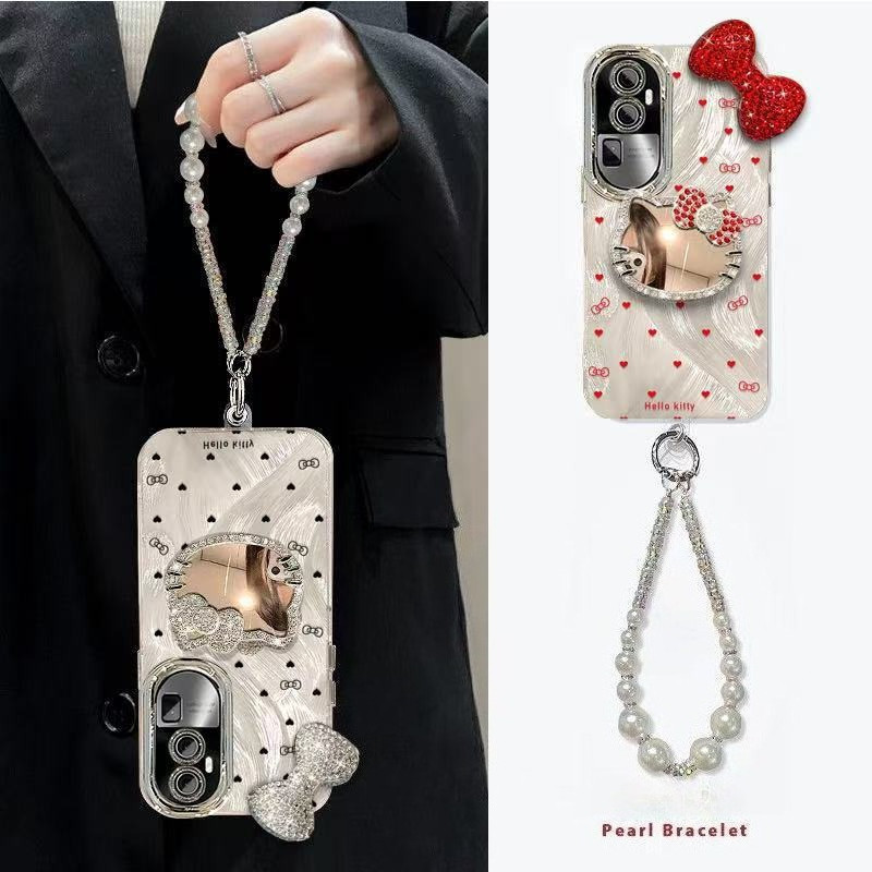 SAMSUNG การ์ตูนโบว์คิตตี้แมวกระจกเคสโทรศัพท์สําหรับSamsung Galaxy S26 S25 Ultra S22 Plus S24 S23 S21 S20 FE