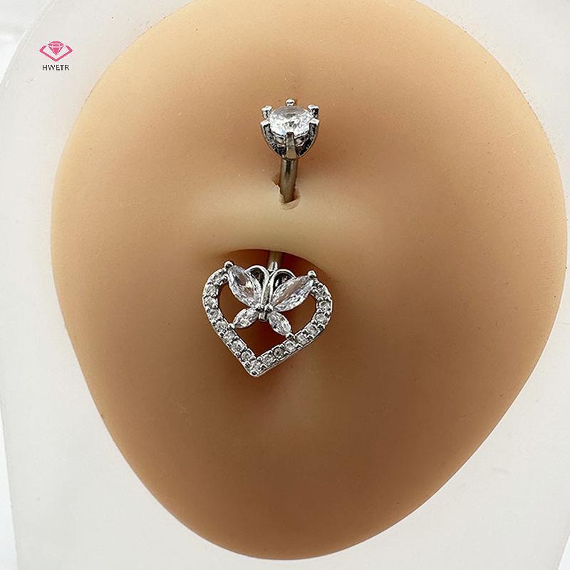 HWETR บุคลิกภาพจี้หัวใจ Navel แหวนผู้หญิง Zircon Belly ปุ่มเล็บเจาะเครื่องประดับใหม่