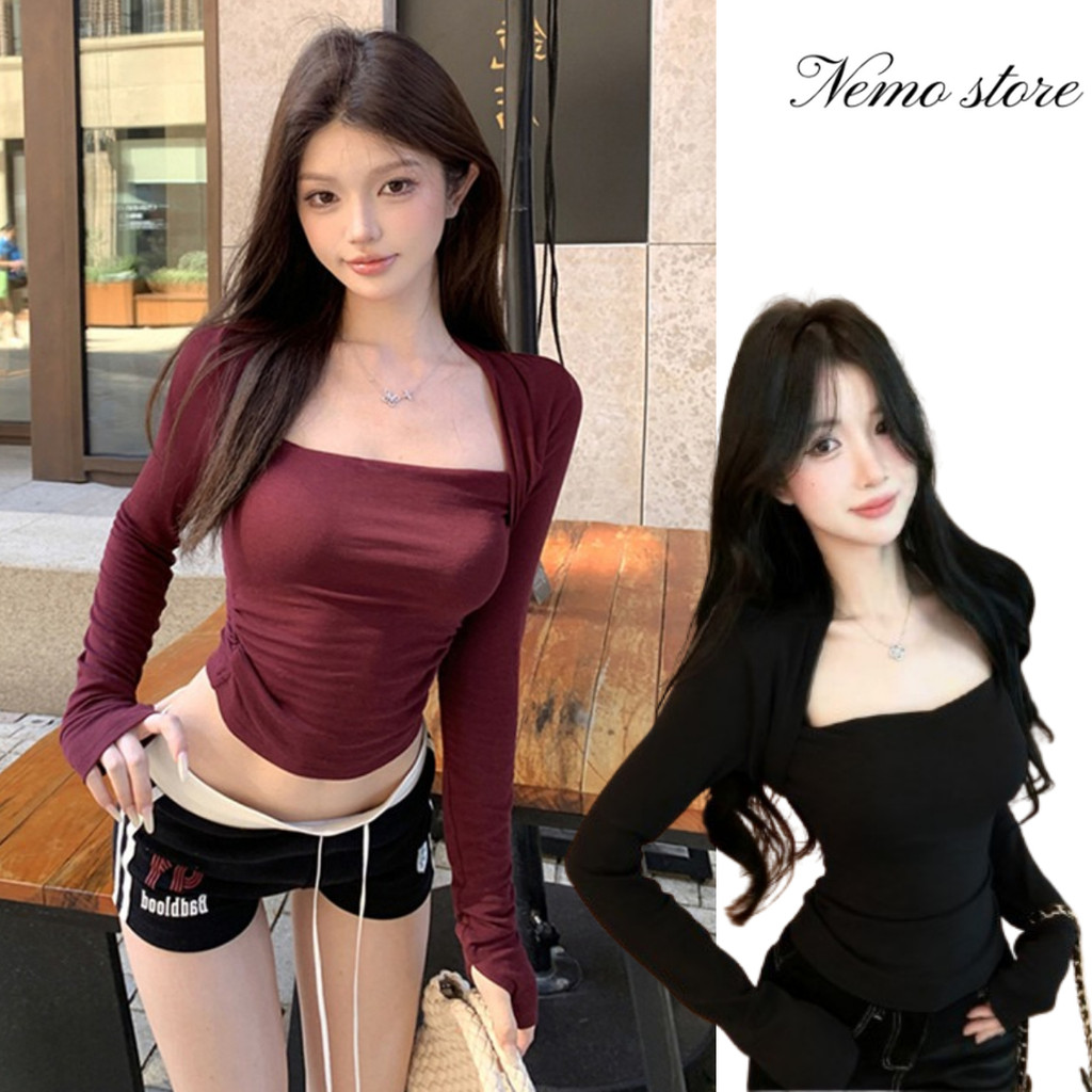 Nemo store #FY5183 เสื้อแขนยาว คอเหลี่ยม ทรงรัดรูปเสริมฟองน้ำ สีพื้นผ้านุ่มนิ่ม