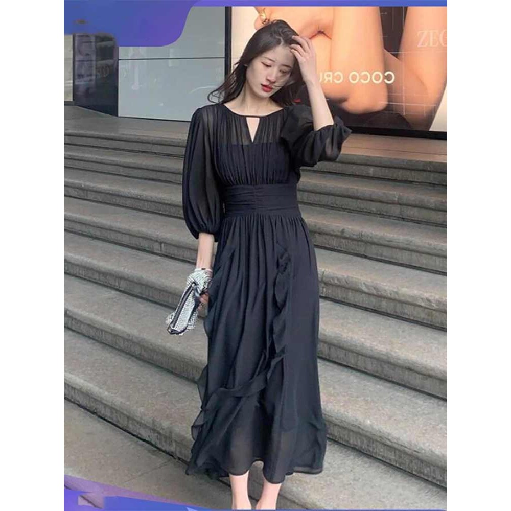 กระโปรงยาวทรง.slimmer จากฝรั่งเศส สไตล์ Highbrow ทำจากชีฟองสีดำสำหรับผู้หญิง