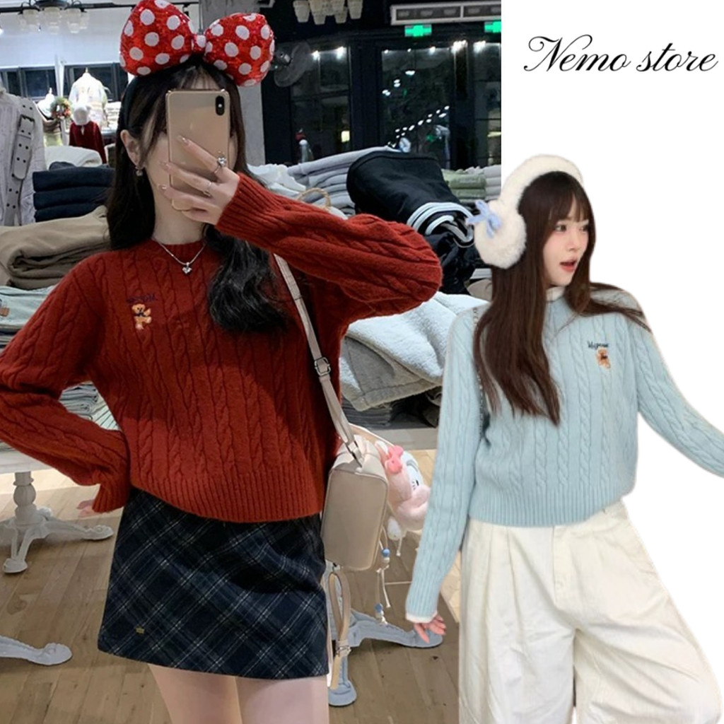 Nemo store🌸#T091 เสื้อกันหนาวไหมพรม แขนยาว สีพาสเทล ยืดพอดีตัว ลายหมี