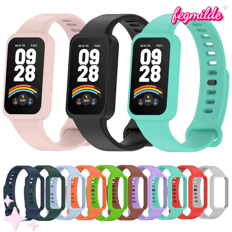 สายซิลิโคนอ่อนสำหรับเคส for Xiaomi Mi Band 9 Active/Redmi Band 3 อุปกรณ์เสริมฝาครอบกันกระแทกและฟิล์มกันรอยแบบยางรัด